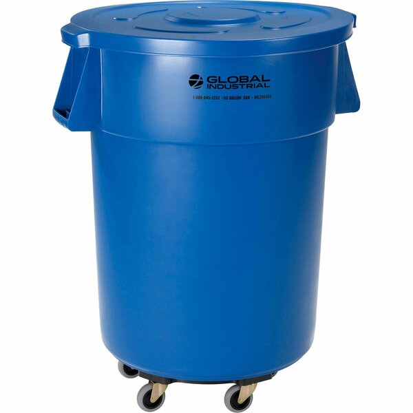 Global Industrial Plastic Trash Can with Lid & Dolly, 55 Gallon Blue 240464BLB